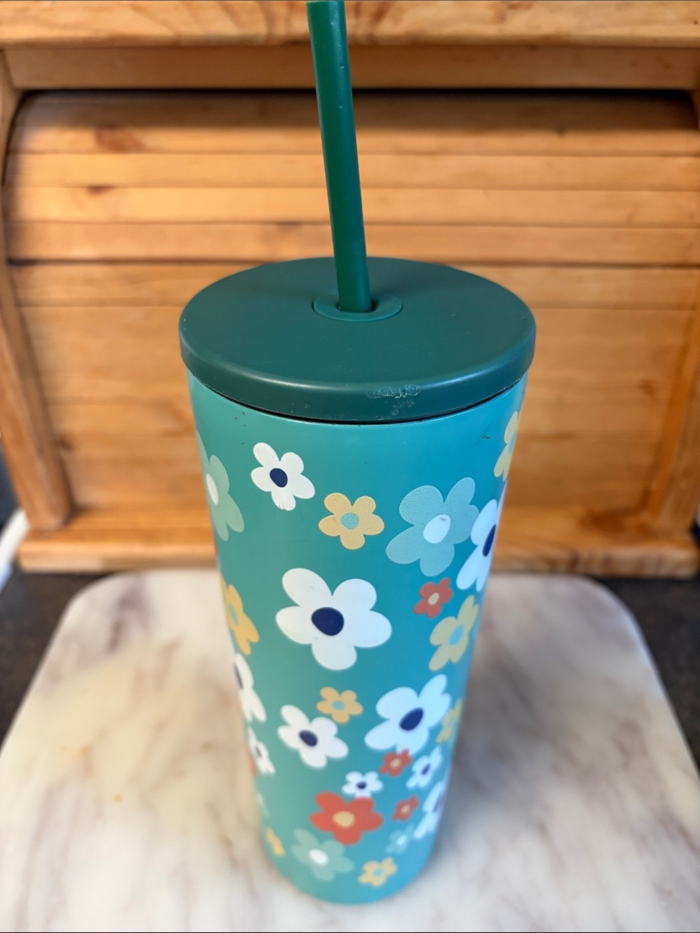 Floral Stainless Tumbler with Straw - Teal & Multicolor Flowers